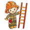 Cartoon fireman or firefighter with a fire extinguishing ladder and a hatchet. Profession. Colorful vector illustration for kids