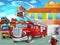 Cartoon firetruck driving out of fire station to action with other different fireman vehicles