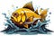 A cartoon fish swimming in the water. Contaminated water, radioactive fish.