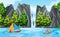 Cartoon fisher background of mountains and waterfall