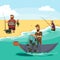 Cartoon fisherman standing in hat and pulls net on boat out of sea, happy fishman holds fish catch and spin vecor