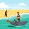 Cartoon fisherman standing in hat and pulls net on boat out of sea, happy fishman holds fish catch and spin vecor