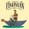 Cartoon fisherman standing in hat and pulls net on boat out of water, happy fishman holds fish illustration isolated