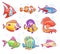 Cartoon fishes. Aquarium sea tropical fish funny underwater animals. Goldfish kids vector isolated set