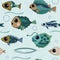 Cartoon fishes with big eyes and mosaic scales