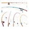 Cartoon fishing rods. Colourful isolated rod with spinning reel lines on bamboo pole for fish catch, fisherman tackle