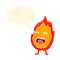 cartoon flame character with speech bubble