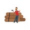 Cartoon flat bearded lumberjack standing near pile of logs with ax, other hand showing ok sign