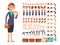 Cartoon flat businesswoman vector character constructor with set of body parts and different hand gestures