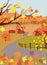 Cartoon flat countryside village in autumn season