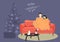 Cartoon flat couple people sitting and hugging on cozy sofa next to decorated with Christmas tree