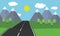 Cartoon flat design illustration of the asphalt road leading landscape with grass and trees in the mountains with snow under blue