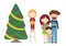 Cartoon flat design illustration of a family at a Christmas tree with gifts. Father with mother and with children, vector