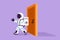 Cartoon flat drawing of young astronaut walking and leaving closed door in moon surface. Career growth or vision in new market