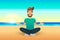 Cartoon flat happy man sitting on beach and meditating. Illustration of handsome male relaxed calm in lotus pose. Man