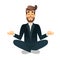 Cartoon flat happy office manager sitting and meditating. Illustration of handsome businessman relaxed calm in lotus pose. Man Yog