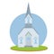 Cartoon flat illustration - religious building. Catholic Protestant Church for prayer. blue white house with a spire