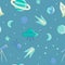 Cartoon flat kids space and cosmos science seamless pattern. Planet, rockets, stars and other space elements in simple