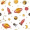 Cartoon flat kids space and cosmos science seamless pattern. Planet, rockets, stars and other space elements in simple