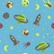 Cartoon flat kids space and cosmos science seamless pattern. Planet, rockets, stars and other space elements in simple