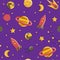 Cartoon flat kids space and cosmos science seamless pattern. Planet, rockets, stars and other space elements in simple