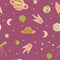 Cartoon flat kids space and cosmos science seamless pattern. Planet, rockets, stars and other space elements in simple