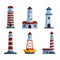 Cartoon flat lighthouse searchlight tower for maritime navigation guidance light vector illustration.