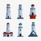 Cartoon flat lighthouse searchlight tower for maritime navigation guidance light vector illustration.