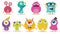 Cartoon flat monsters big icons. Colorful children play an adorable monster