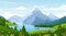Cartoon flat panorama of spring summer beautiful nature, green grasslands meadow with flowers, forest, scenic blue lake