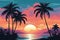 Cartoon flat panoramic landscape, sunset with palm trees. Background in retrofuturism style