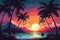 Cartoon flat panoramic landscape, sunset with palm trees. Background in retrofuturism style