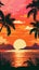 Cartoon flat panoramic landscape, sunset with the palms on colourful background