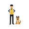 Cartoon flat police officer in high visibility clothing standing with service german shepherd dog