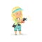 Cartoon flat preschool girl standing with digital photo camera in hands. Photographer or reporter profession concept