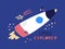 Cartoon flat rocket, starship flying up. Flat vector illustration with text little explorer on blue background