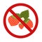 Cartoon flat strawberry with foliage in a prohibition sign. Danger of fruit allergies. Ban on sweet berries. Vector forbidden sign