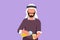 Cartoon flat style drawing active Arab man pouring orange juice into glass from bottle while having breakfast at home. Healthy