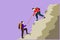 Cartoon flat style drawing active two man hikers climbing up mountain and helping to each other with rope. Business, success,
