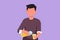 Cartoon flat style drawing active young man pouring orange juice into glass from bottle while having breakfast at home. Healthy