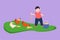 Cartoon flat style drawing adorable little boy feeding chicken on chicken farm. Cheerful kids farmer feeding rooster, hen and