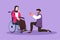 Cartoon flat style drawing Arab man stand on knee with engagement ring in hands in front of disabled woman sitting on wheelchair,