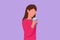 Cartoon flat style drawing of attractive woman drink cold orange juice from plastic cup. Busy time at office hour. Female feel