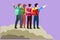 Cartoon flat style drawing back view of friend group hikers hugging together for successful reaching top of mountain. Success,