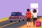 Cartoon flat style drawing back view of happy couple tourists with backpacks, camping stuff hitchhiking on road and thumbing car.