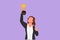Cartoon flat style drawing beautiful businesswoman in blazer holding golden trophy with one hands. Company performance. Winning