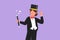 Cartoon flat style drawing beautiful female magician in tuxedo suit with okay gesture wearing hat and holding magic stick ready to