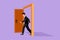 Cartoon flat style drawing businessman walking through an open door frame. New business ventures challenge. Entering new market