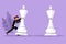 Cartoon flat style drawing of businesswoman pushes big king chess pieces to beat opponent king. Business strategy marketing plan.