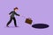 Cartoon flat style drawing of businesswoman throws briefcase into hole. Failure to take advantage of business opportunities.